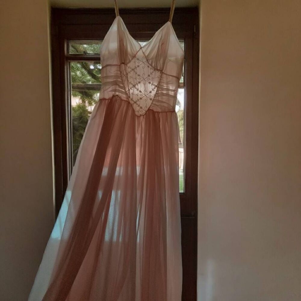 1950s SCHIAPARELLI Paris New York Peignoir Nightgown Set Pink Ivory Ombré M - Picture 5 of 16